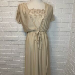 Vintage Tan/Beige Layered Cap Sleeve Dress 1950s-S